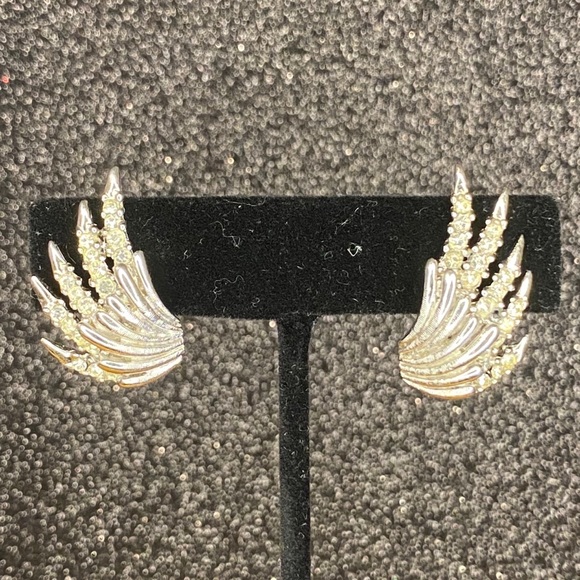 Vintage Silver Tone and Crystal Fan Clip Earrings - Picture 1 of 6